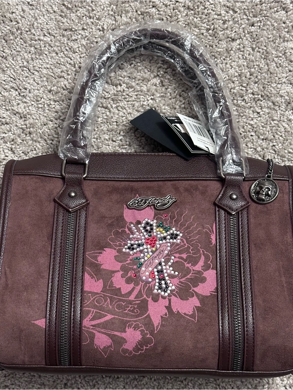 y2k Ed Hardy x Beyoncé brown satchel with pink floral and rhinestone accents